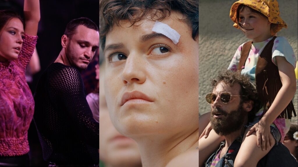Three images of Sundance films. Passages: a couple dancing. Mutt: a person's face with a bandage on their eyebrow. Fairyland: a daughter sat on her father's shoulders.