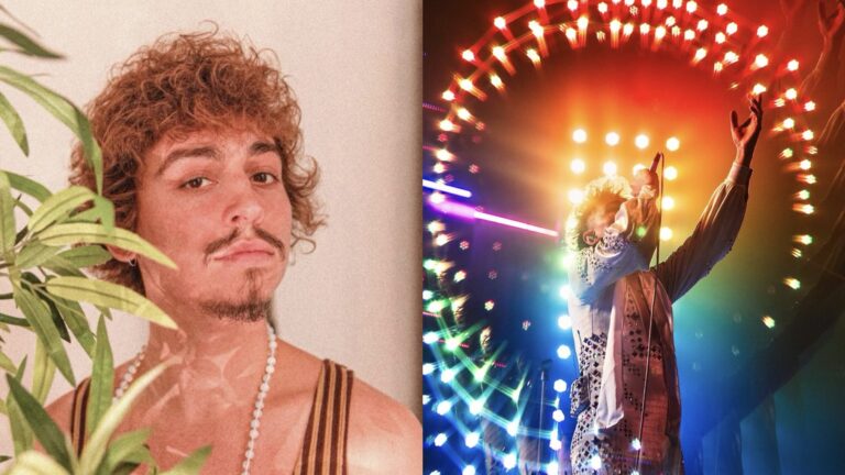 one selfie image of Josh Kiszka and another of him on-stage with rainbow lights