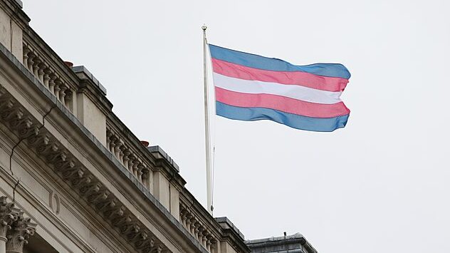 The trans Pride flag blowing in the wind