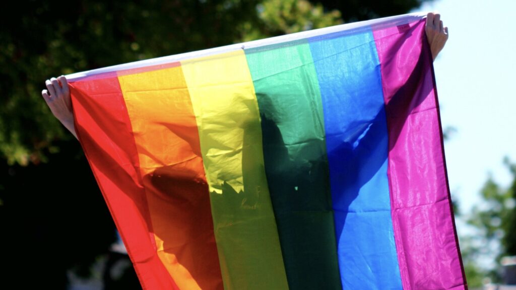 The silhouette of a person as they're holding up a Pride flag.