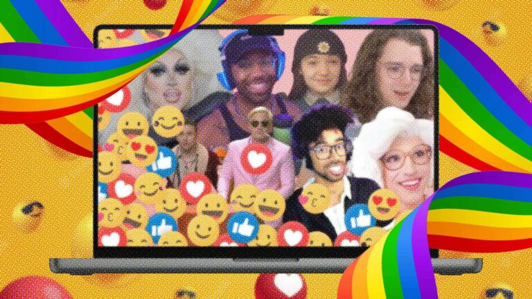 A montage of Twitch Streamers appearing on a laptop screen with rainbows and heart emojis surrounding.