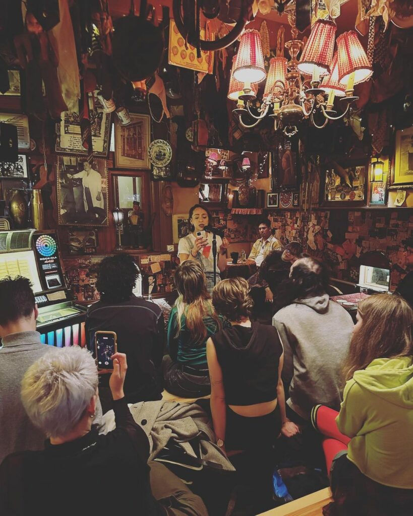 A person performs on a microphone to a crowd of people in a small and traditional bar