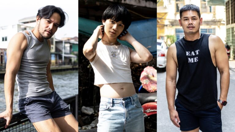 three Bangkok men posing on the street for Elska Magazine