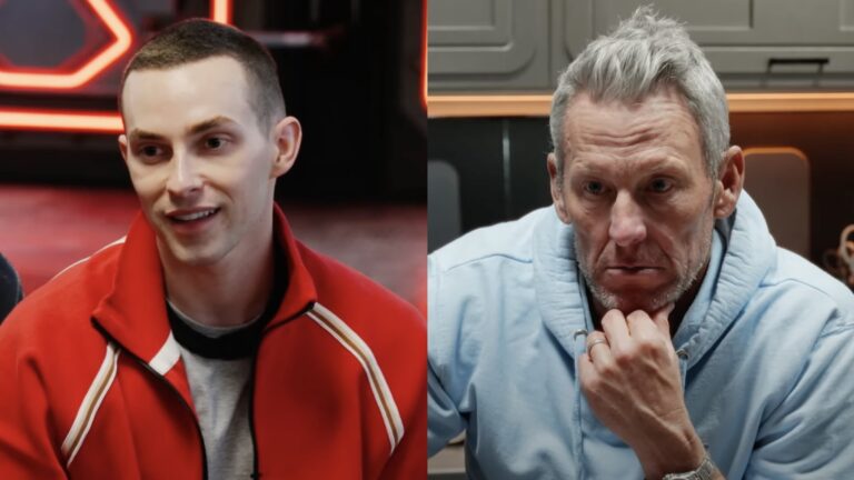 Adam Rippon, wearing a red jacket, and Lance Armstrong, wearing a light blue hoodie, on Stars on Mars spaceship set.