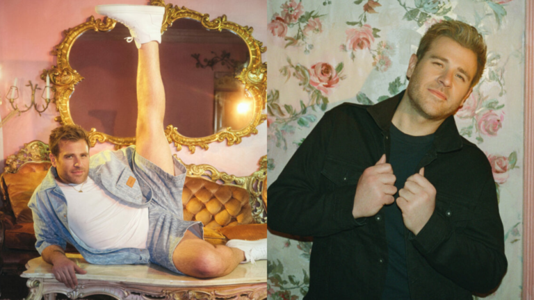 Scott laying elongated on a pearly coffee table in a pink dusted room. There's two barbie dolls in a pink child's play car on the pink tufted rug below. He's holding one leg up high above his head. Another image of his standing against a floral wall wearing a black t shirt and jacket.