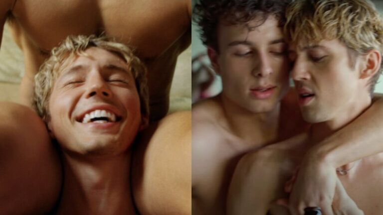 Troye Sivan's album cover and still leaning against another man in Rush's music video