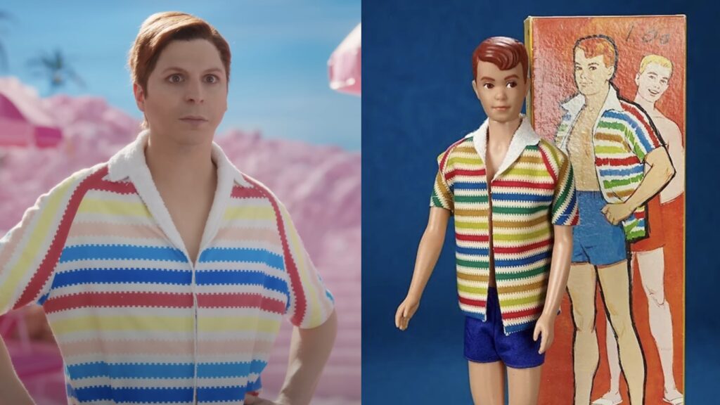 Image of Allan, Michael Cera, in Babrie opposite the Allan Barbie doll.