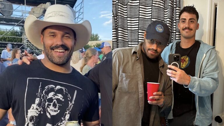 Kevin Maxen wearing a cowboy hat and another image of him posing in the mirror.