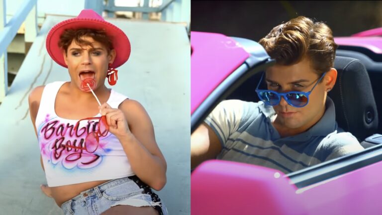 Garrett Clayton in 'Barbie Boys' music video. Licking a lollipop on a pier and sat in a pink convertible.