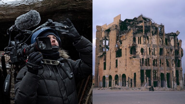 A picture of gay war reporter Rupert Russell on the left and a damaged building on the right