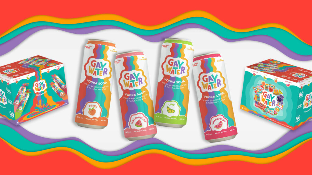 Cans of Gay Water with a rainbow background