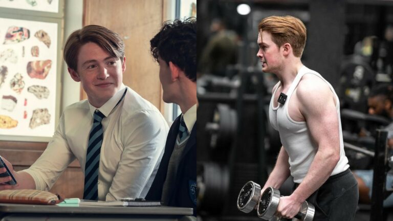 Kit Connor in Heartstopper (left) and in the gym (right)