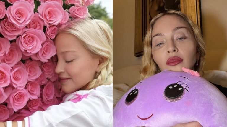 A collage of Madonna with roses and a purple plushy toy