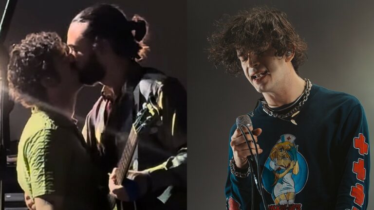 Left: The 1975's Matty Healy and Ross MacDonald kissing; right: Matty Healy singing