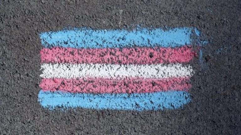 a trans flag drawn with chalk on the pavement.