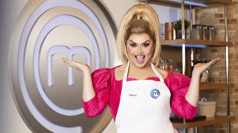 Drag queen Cheryl Hole stands in the MasterChef kitchen