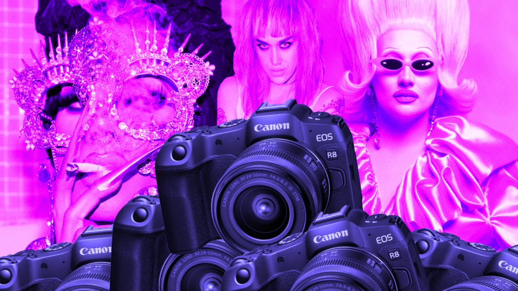 Stylised header image of three drag queens and a Canon camera