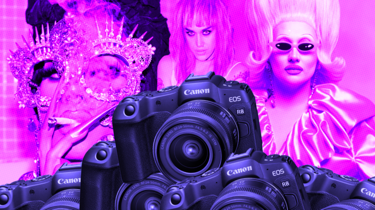 Stylised header image of three drag queens and a Canon camera