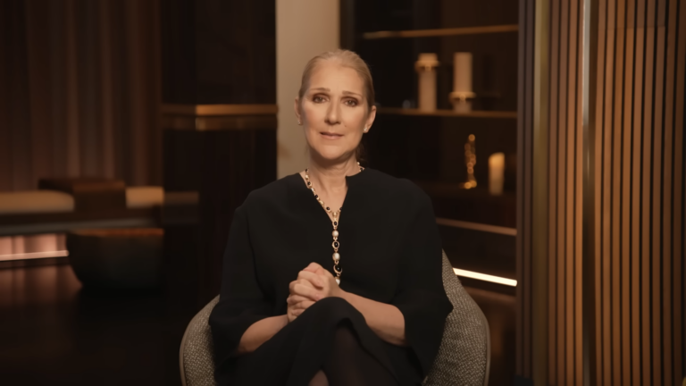 Celine Dion sits in a chair with a shelf behind her