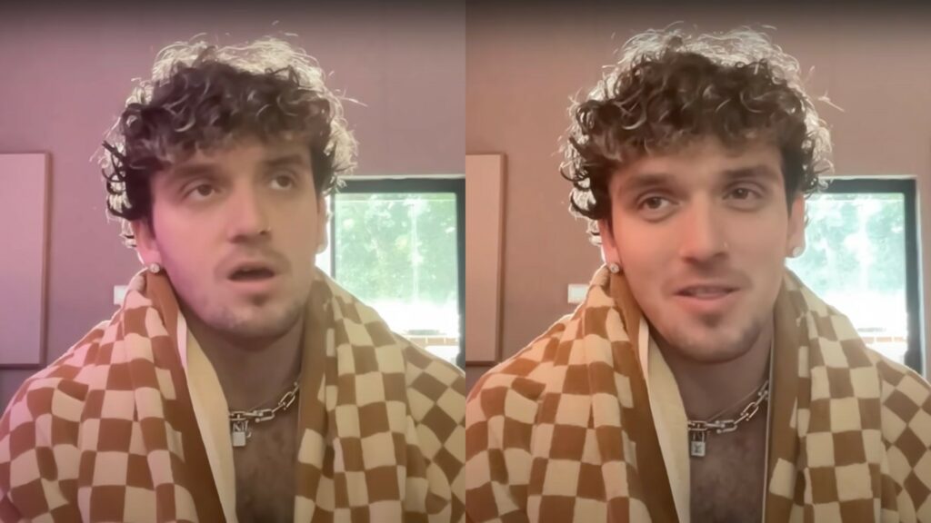 Two pictures of Lauv with a blanket around his neck