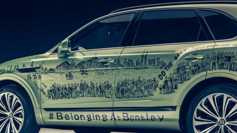 A green Bentley SUV decorated with hand-drawn city skylines and people in black ink