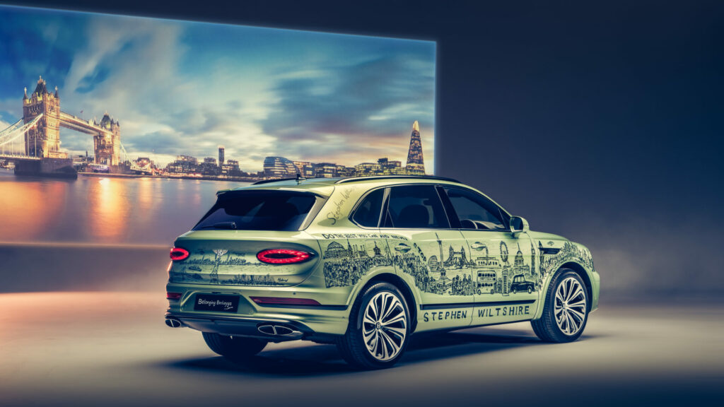 Green Bentley Bentayga with custom decal sits by a backdrop of the London skyline