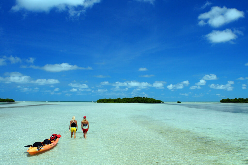 Wide view of two people standing on a beach