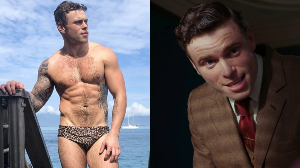 Composite of Gus Kenworthy. On the left he is wearing animal print speedo and on the right he is wearing a brown suit and red tie