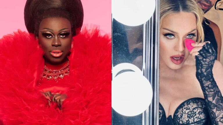 Composite of Bob the Drag Queen in a red dress on the left and a close up of Madonna applying makeup with a pink sponge in front of a mirror on the right