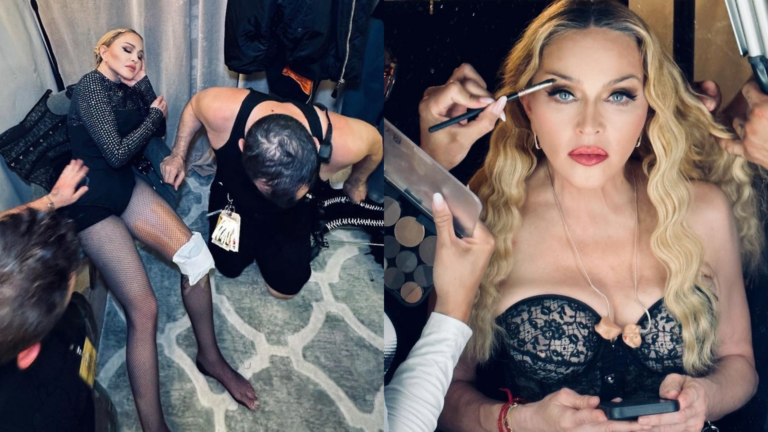 Composite of Madonna resting on a chair with an ice pack on her knee and another image of having her makeup done wearing a corset top