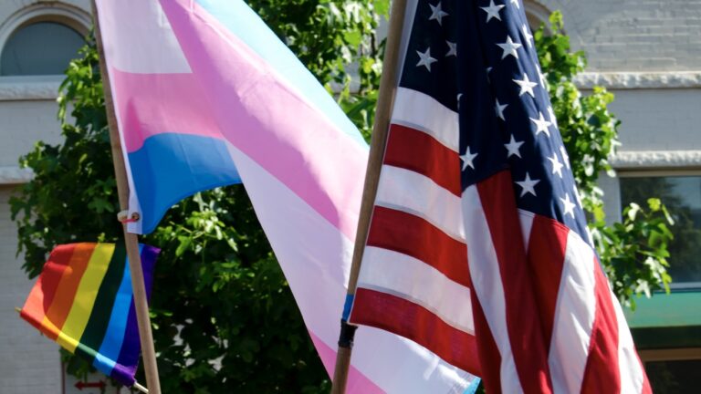An LGBTQ+ flag, trans flag and American flag.