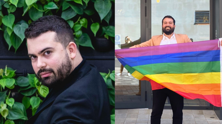 Composite of a man wearing black looking into the camera and the same man on the right holding a Pride flag