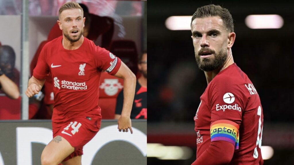 two images of Jordan Henderson playing football, one with a captain band and another with a rainbow captain band.