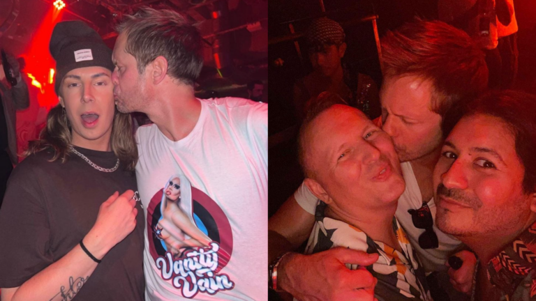 Two images of Alexander Skarsgård in a gay club kissing fans on the cheek.