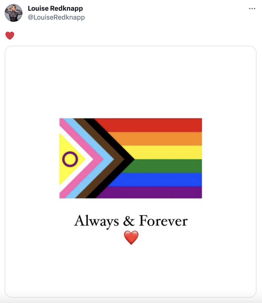 Louise Redknapp posts a Pride Progress flag on Twitter