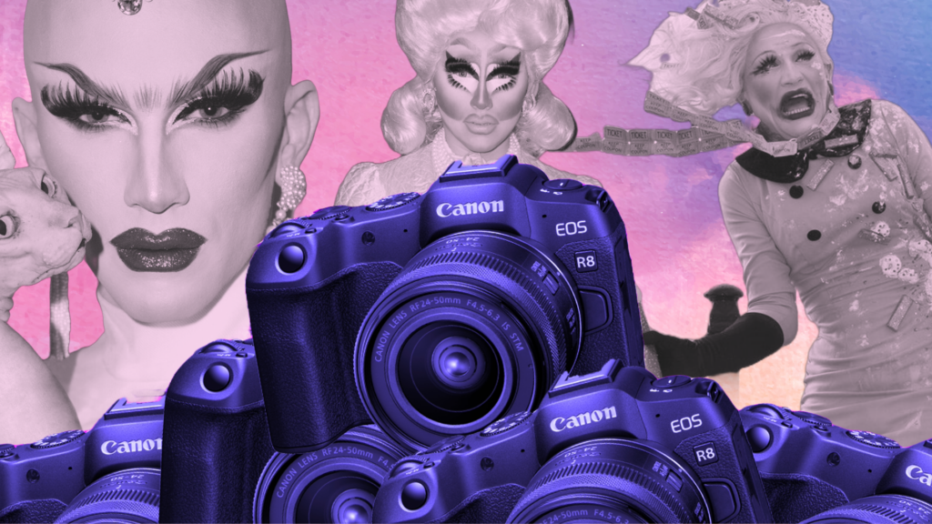 Stylised composite image of three drag queens behind a pile of Canon cameras