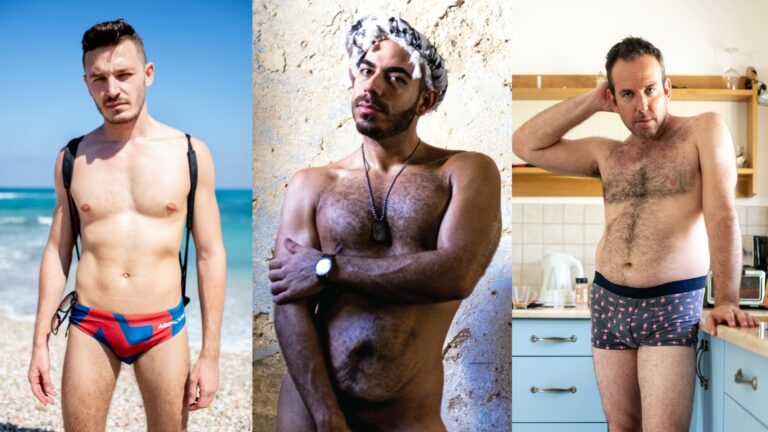 Three topless men posing separately in Haifa (Images: Elska)