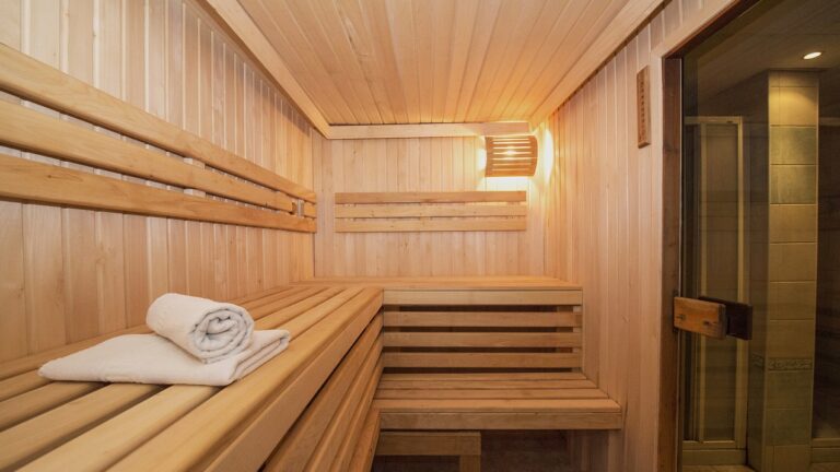 The interior of a wood sauna