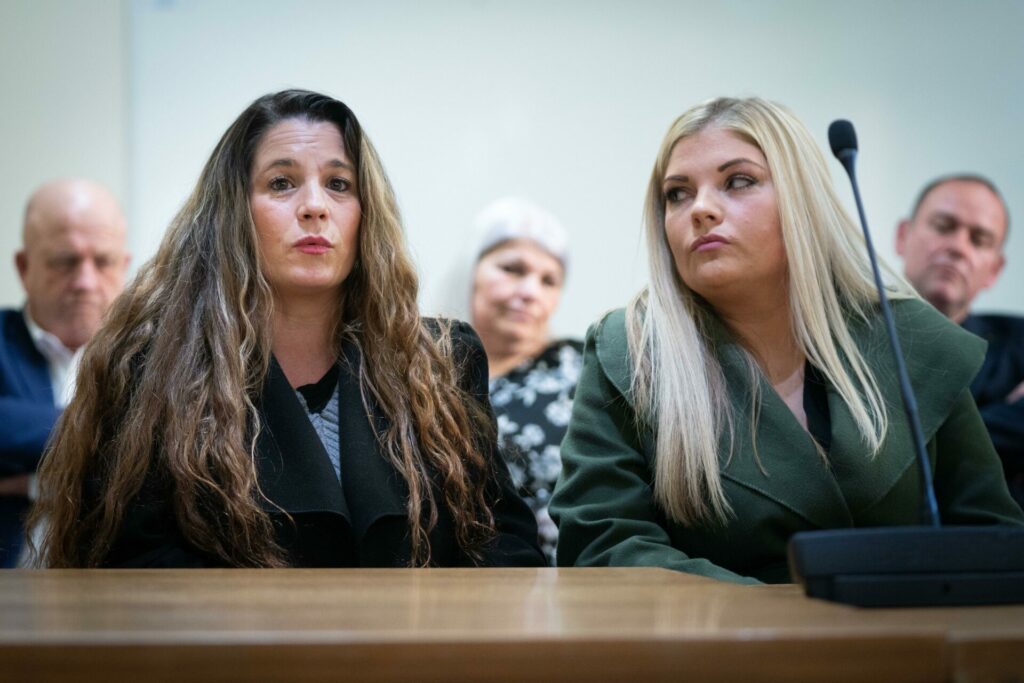 (L to R) Donna and Jenny Taylor, sisters of Jack Taylor who was murdered by Stephen Port join other families of the four victims at the conclusion of their inquest at Barking Town Hall today, after an inquest jury found that police failures in the investigation into the death of Stephen Port's first victim Anthony Walgate "probably" contributed to the death of Gabriel Kovari, the second young gay man to die in almost identical circumstances in Barking, east London