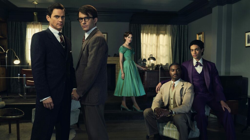 (L-R): Matt Bomer as Hawkins "Hawk" Fuller, Jonathan Bailey as Tim, Allison Williams as Lucy, Jelani Alladin as Marcus and Noah J. Ricketts as Frankie in Fellow Travelers