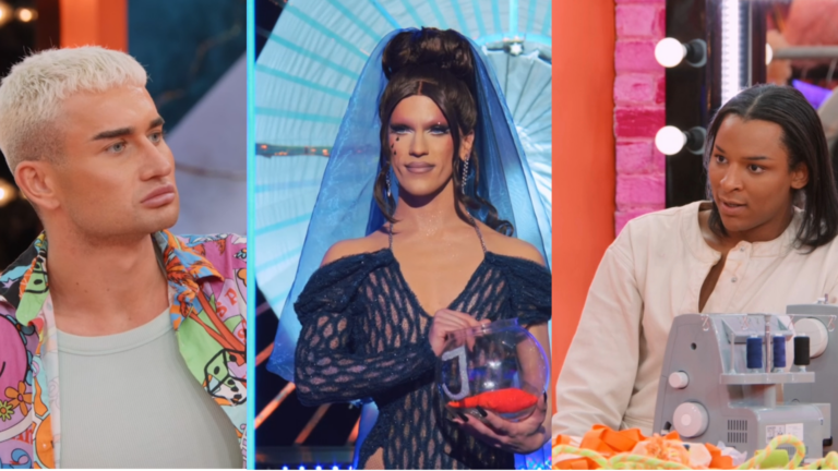 Composite of three drag queens from Drag Race UK