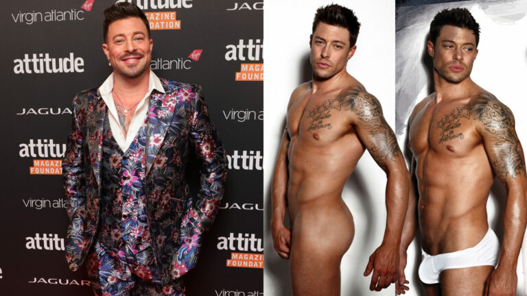 A composite of Duncan James on the red carpet and two other images of him nude and in white underwear