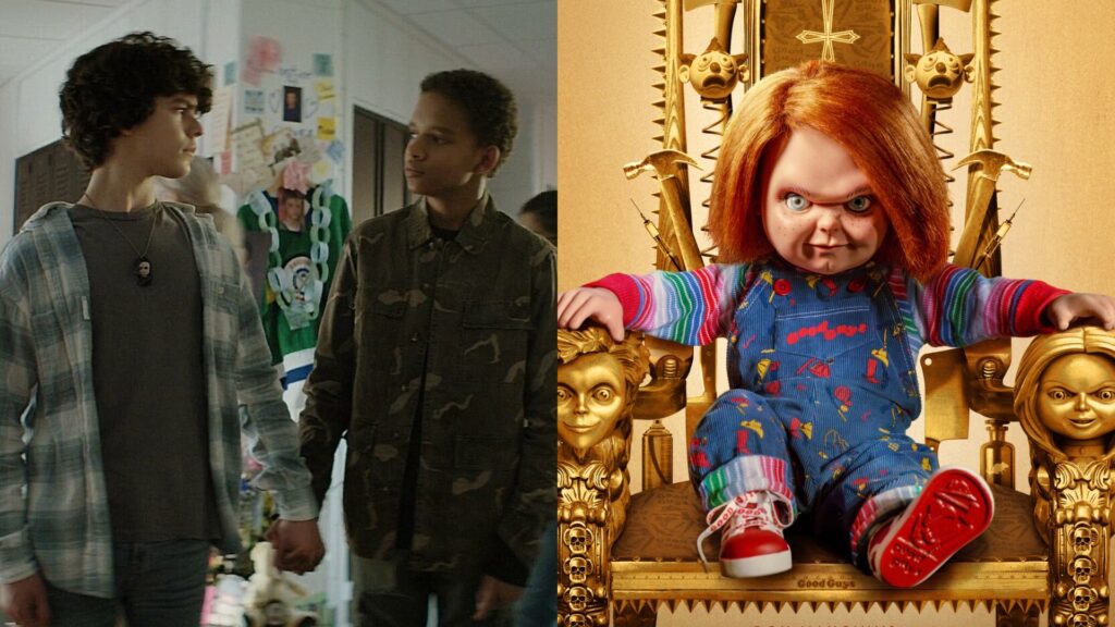 Resident gay couple on Chucky, Jake and Devon, and the killer doll himself (Images: Syfy)