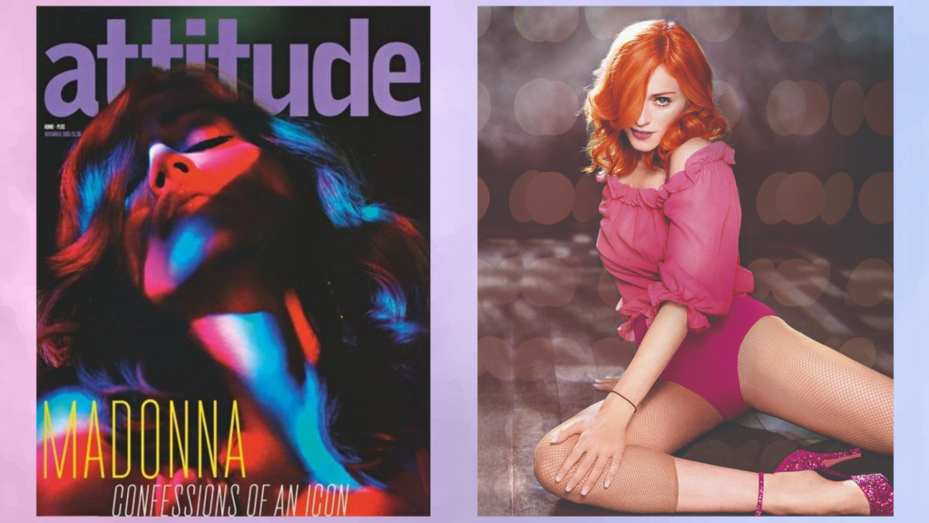 Composite of Madonna on Attitude magazine in 2005 and in a pink leotard with red hair on the right