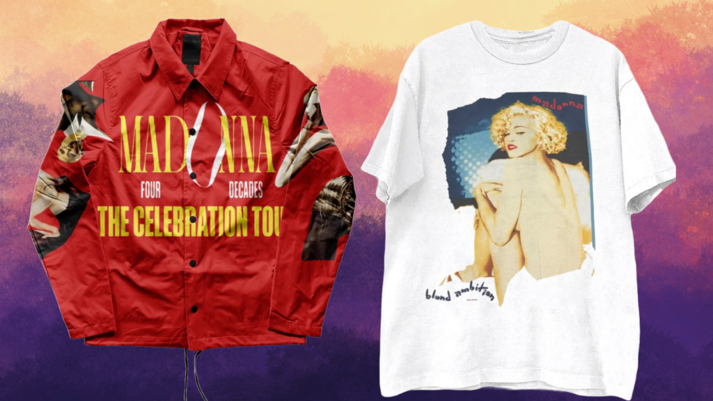 Composite of two Madonna Celebration Tour items of clothing, a red jacket and a white T-shirt