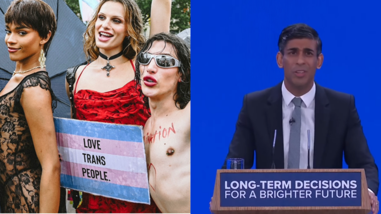Composite of three trans protestors to the left and Rishi Sunak to the right