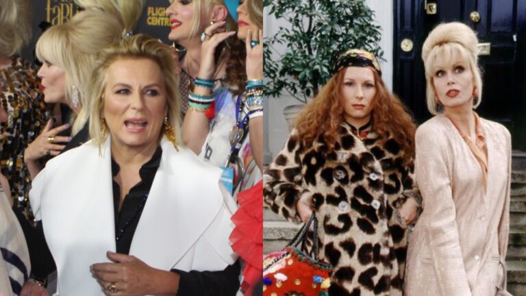 Jennifer Saunders, and left, and Jennifer with Ab Fab co-star Joanna Lumley (Images: Wiki/BBC)