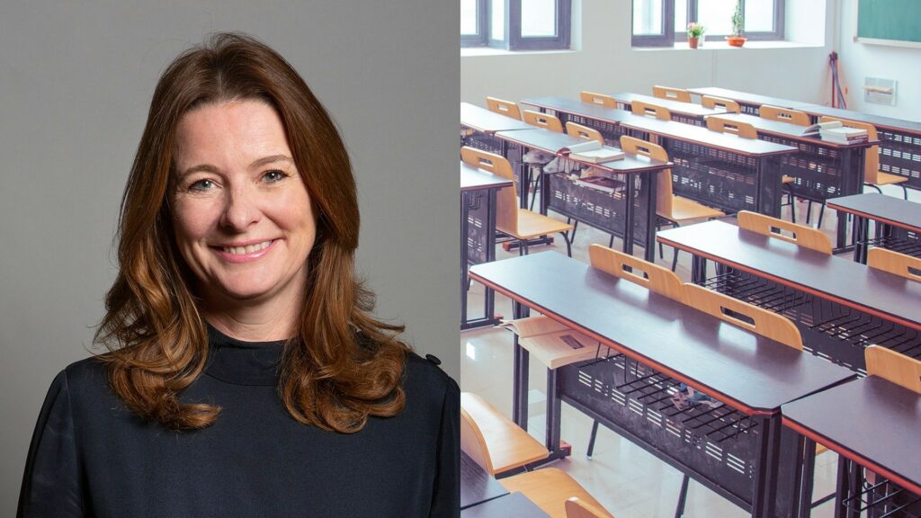 A portrait of Gillian Keegan and a picture of a classroom