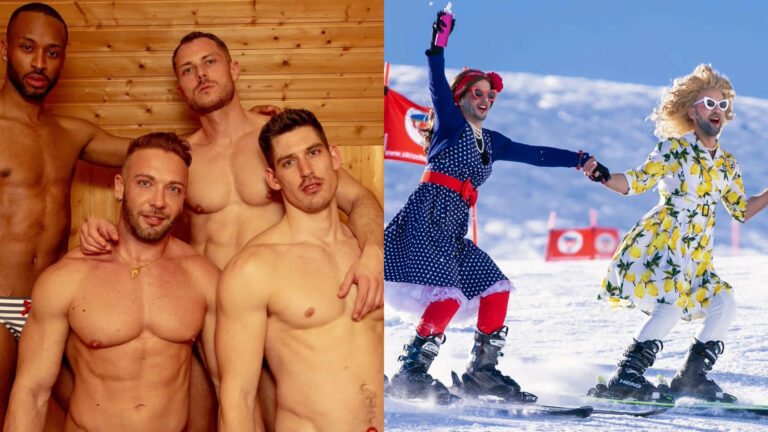 Composite of shirtless men in a sauna and two drag queens skiing