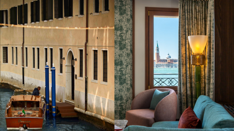 Composite of the external of a Venice hotel by a canal and a shot of inside a room with a view of the Venice Lagoon